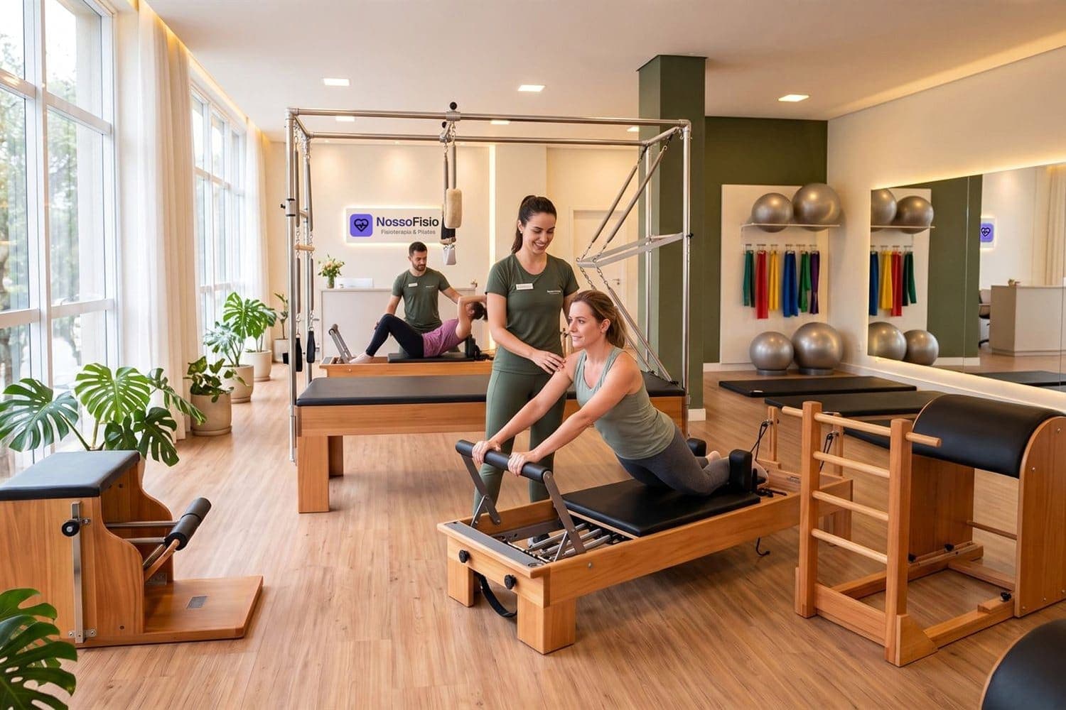 Estúdio de Fisioterapia e Pilates, claro e com janelas grandes e plantas: uma fisioterapeuta orienta uma aluna em um aparelho de Pilates enquanto outro profissional atende uma pessoa ao fundo.