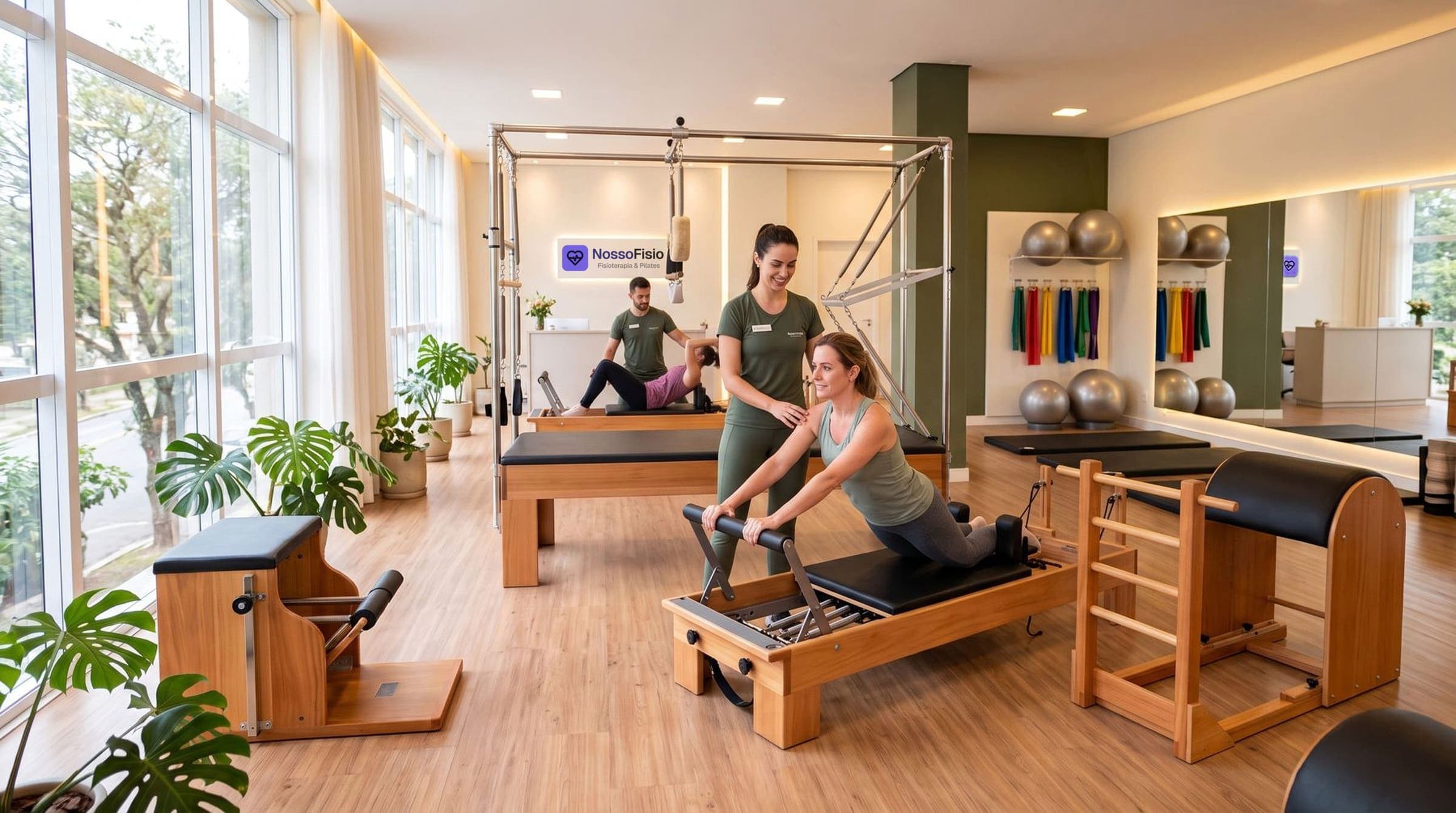 Estúdio de Fisioterapia e Pilates, claro e com janelas grandes e plantas: uma fisioterapeuta orienta uma aluna em um aparelho de Pilates enquanto outro profissional atende uma pessoa ao fundo.